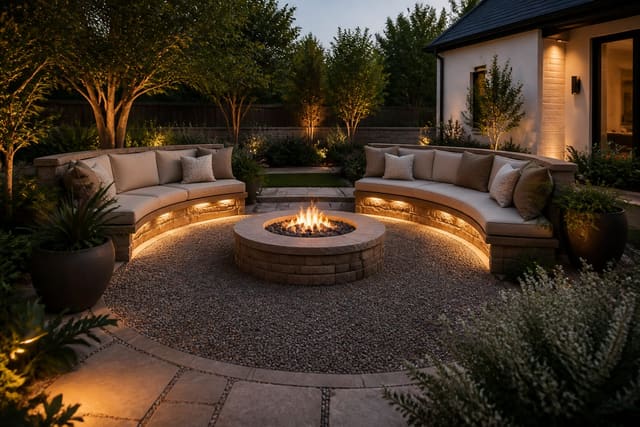 backyard fire pit area with curved seating, gravel surround, planters, and warm path lighting around a low stone fire bowl
