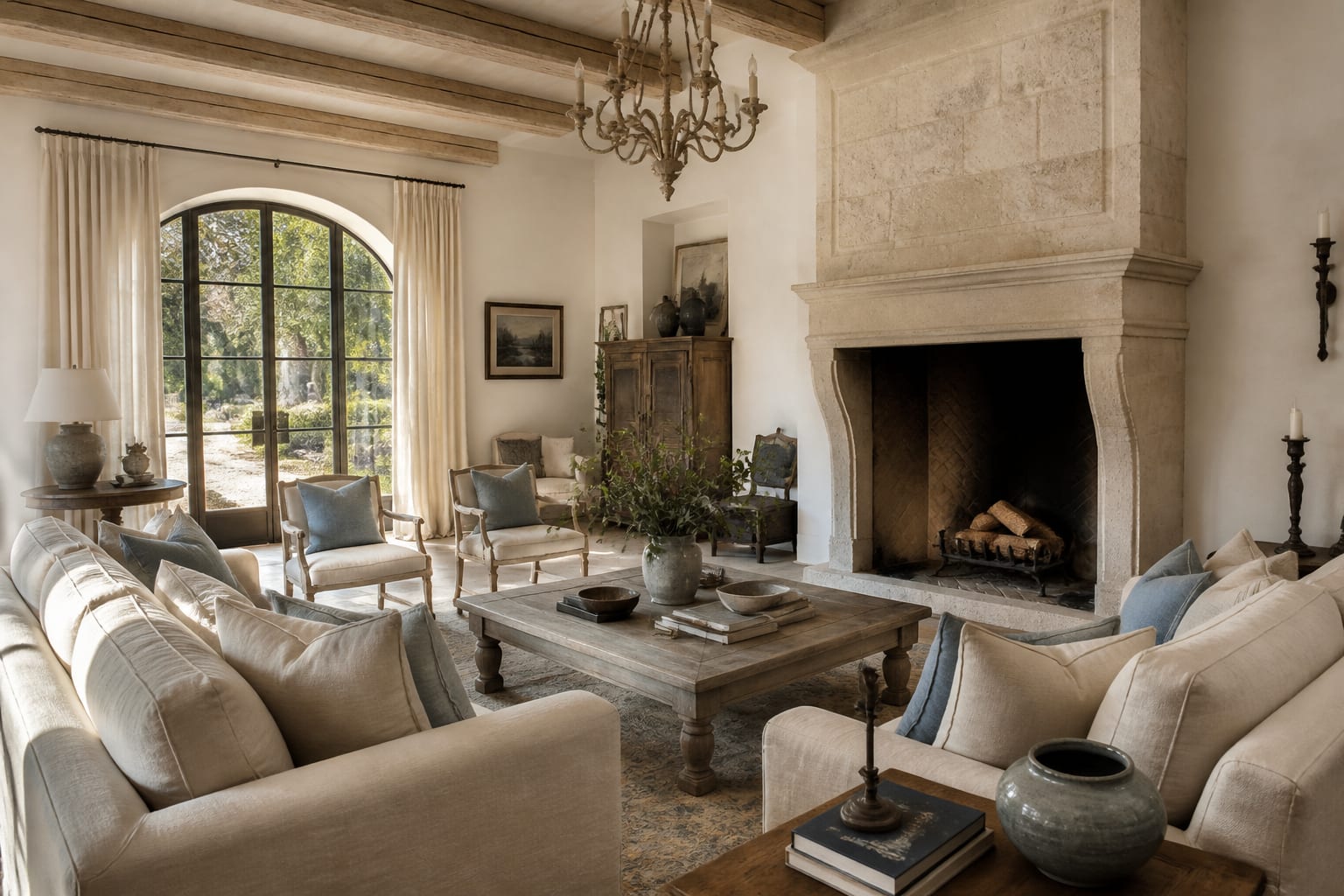 French country living room with linen seating, weathered oak, limestone fireplace tones, soft blue accents, and restrained antique details