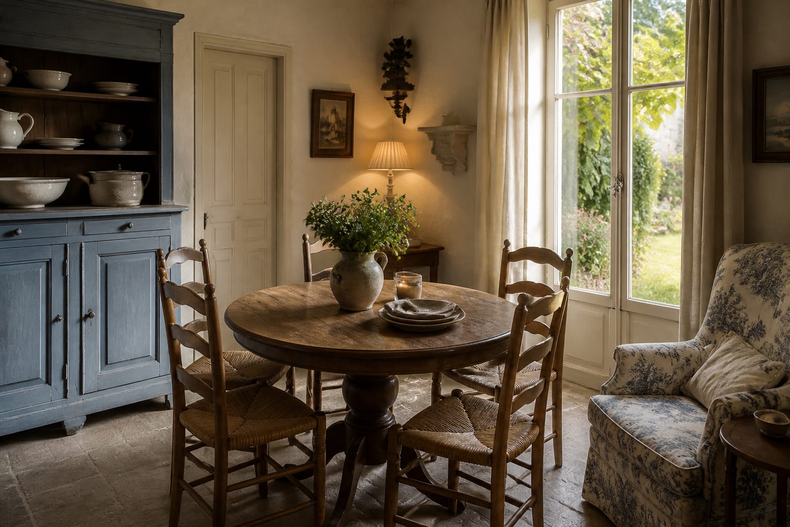 French country dining nook with round oak table, rush chairs, faded blue cabinet, linen curtains, and one restrained toile pattern
