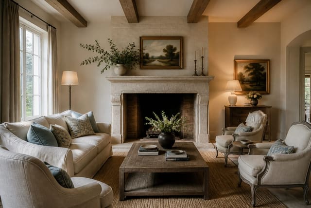 French country living room with linen seating, weathered oak, limestone fireplace tones, soft blue accents, and restrained antique details