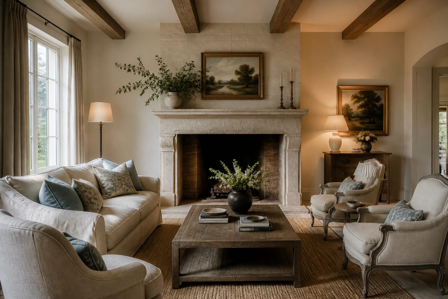 French country living room with linen seating, weathered oak, limestone fireplace tones, soft blue accents, and restrained antique details