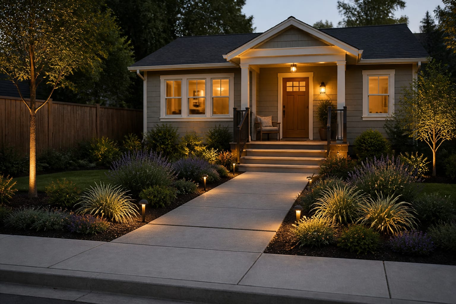 same front yard angle redesigned with wider walkway, curved layered beds, medium shrubs, ornamental grasses, warm entry lights, and framed front door.