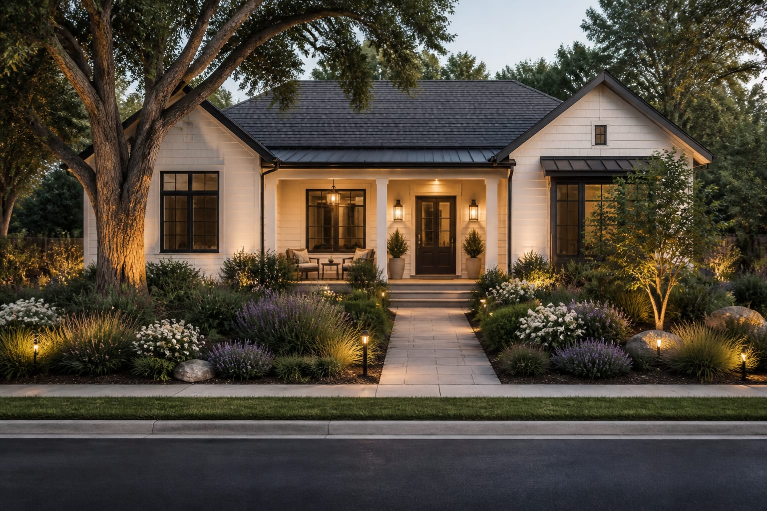 front yard with layered planting beds, wider walkway, porch lighting, and warm curb appeal shown from the street