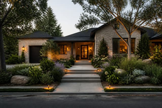 front yard with layered planting beds, wider walkway, porch lighting, and warm curb appeal shown from the street