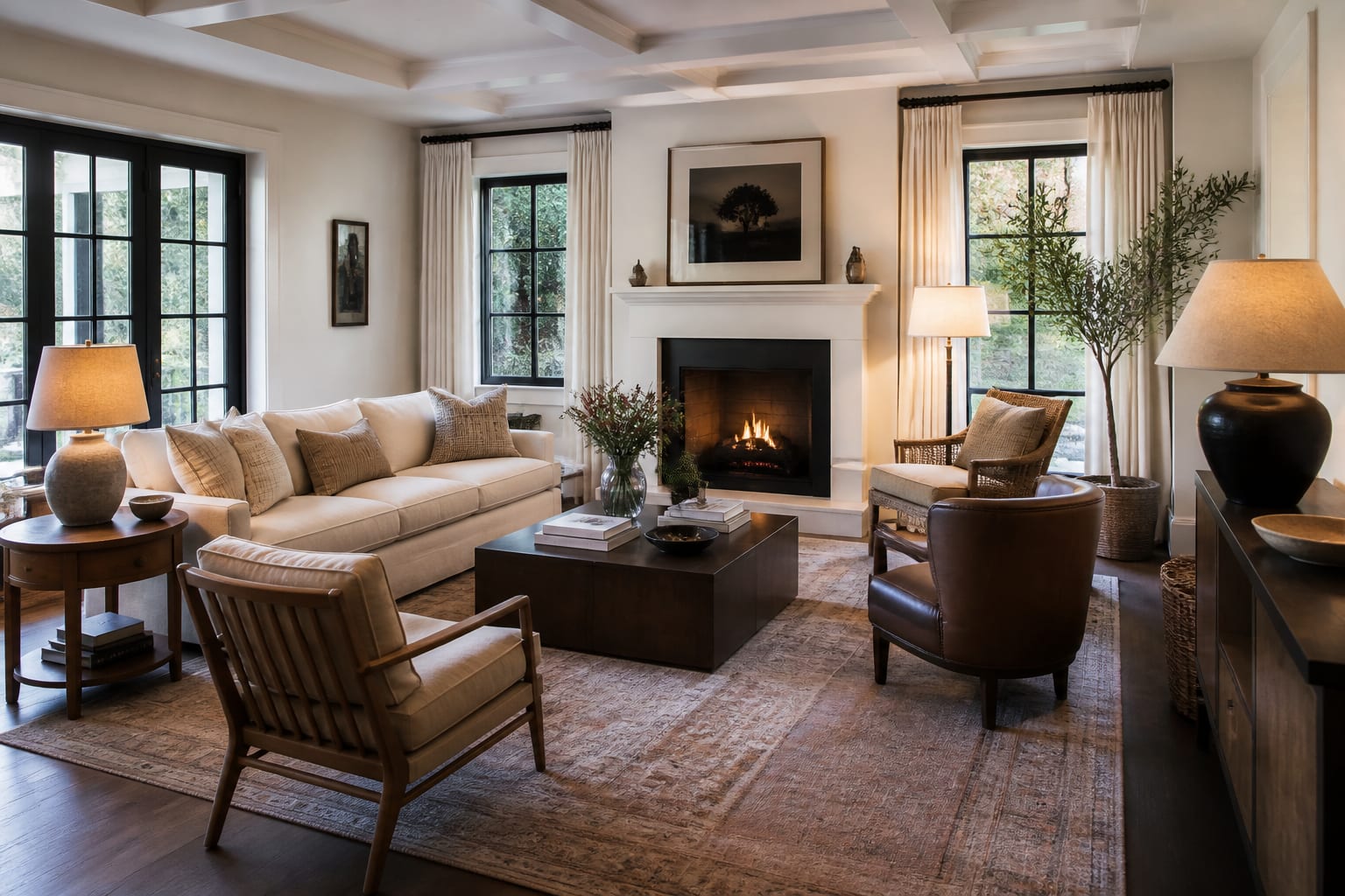 living room with correctly scaled sofa, rug, chairs, lamps, and clear circulation paths previewed from a real room photo