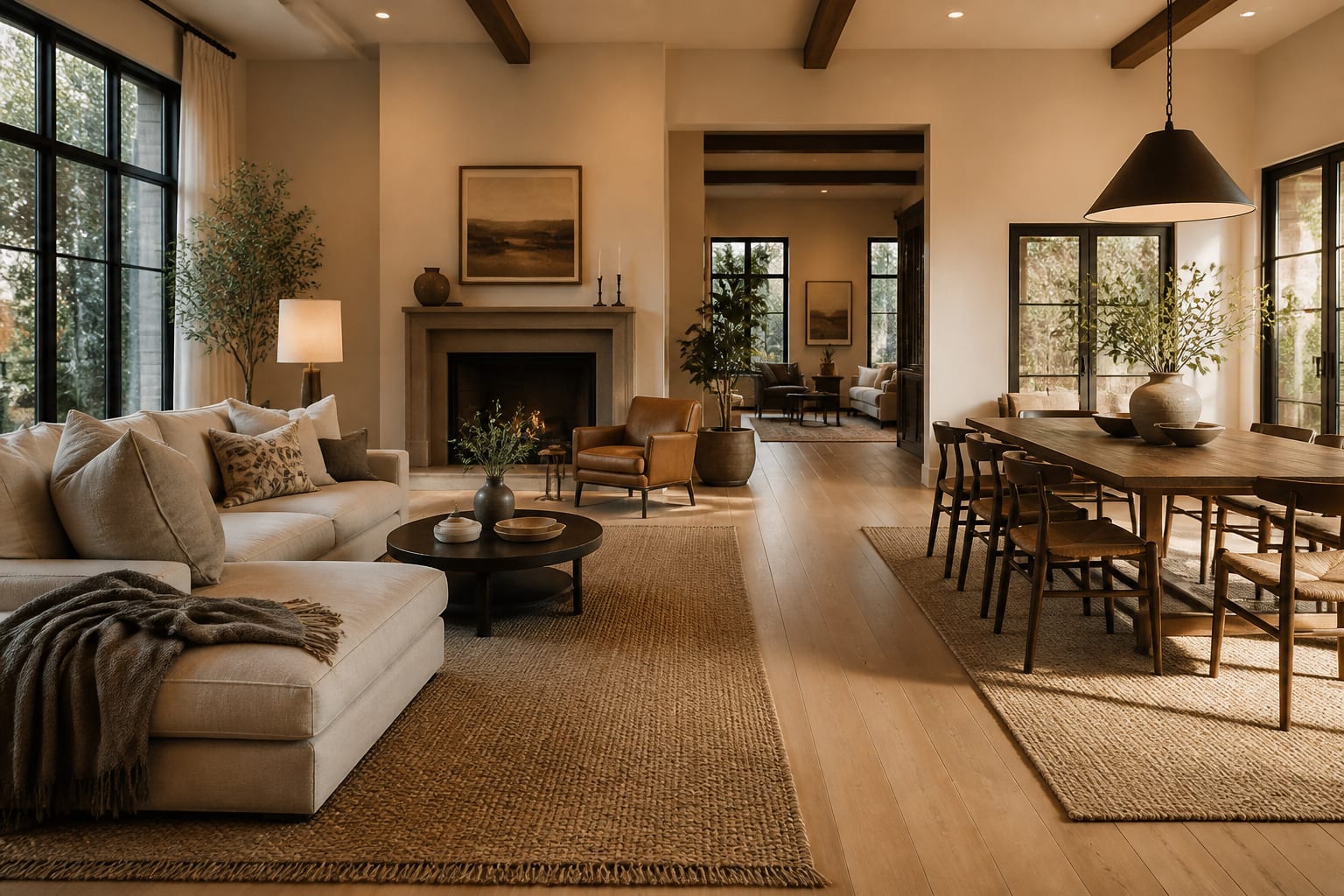 open plan living and dining room with furniture arranged around a clear path, correct rug scale, and balanced seating zones