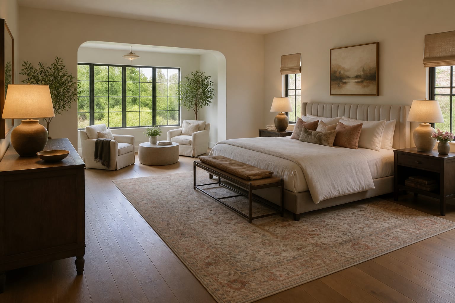 bedroom and sitting area preview showing alternate furniture placement with bed clearance, dresser access, rug scale, and warm lamps