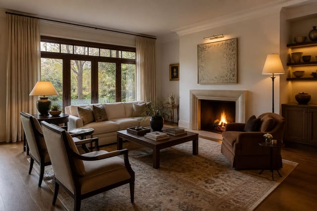 living room with correctly scaled sofa, rug, chairs, lamps, and clear circulation paths previewed from a real room photo