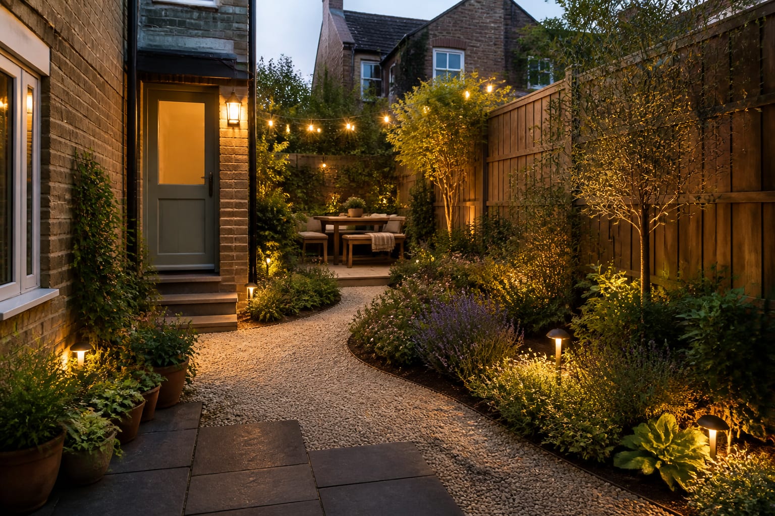 same garden angle redesigned with curved planting beds, gravel path, layered shrubs, dining bench, warm path lights, and softened fence line.