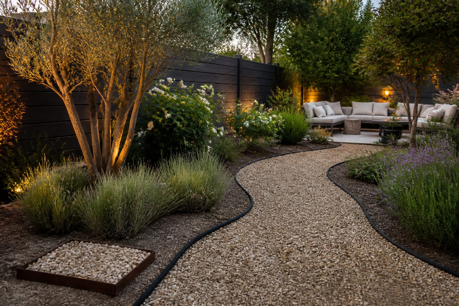 garden path mockup with curved hose bed line, gravel sample, layered shrubs, and seating zone marked before planting begins