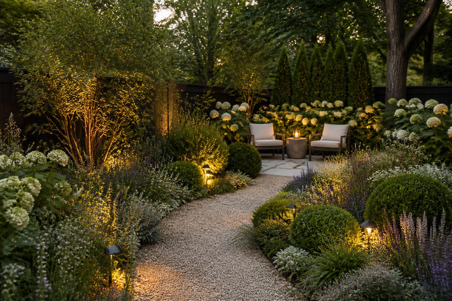 finished garden concept with deep mixed borders, 36 inch gravel path, small seating area, repeated shrubs, and warm low lighting