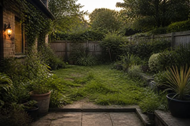 overgrown suburban garden with patchy lawn, narrow beds, scattered pots, and unclear seating potential ready for an AI redesign preview