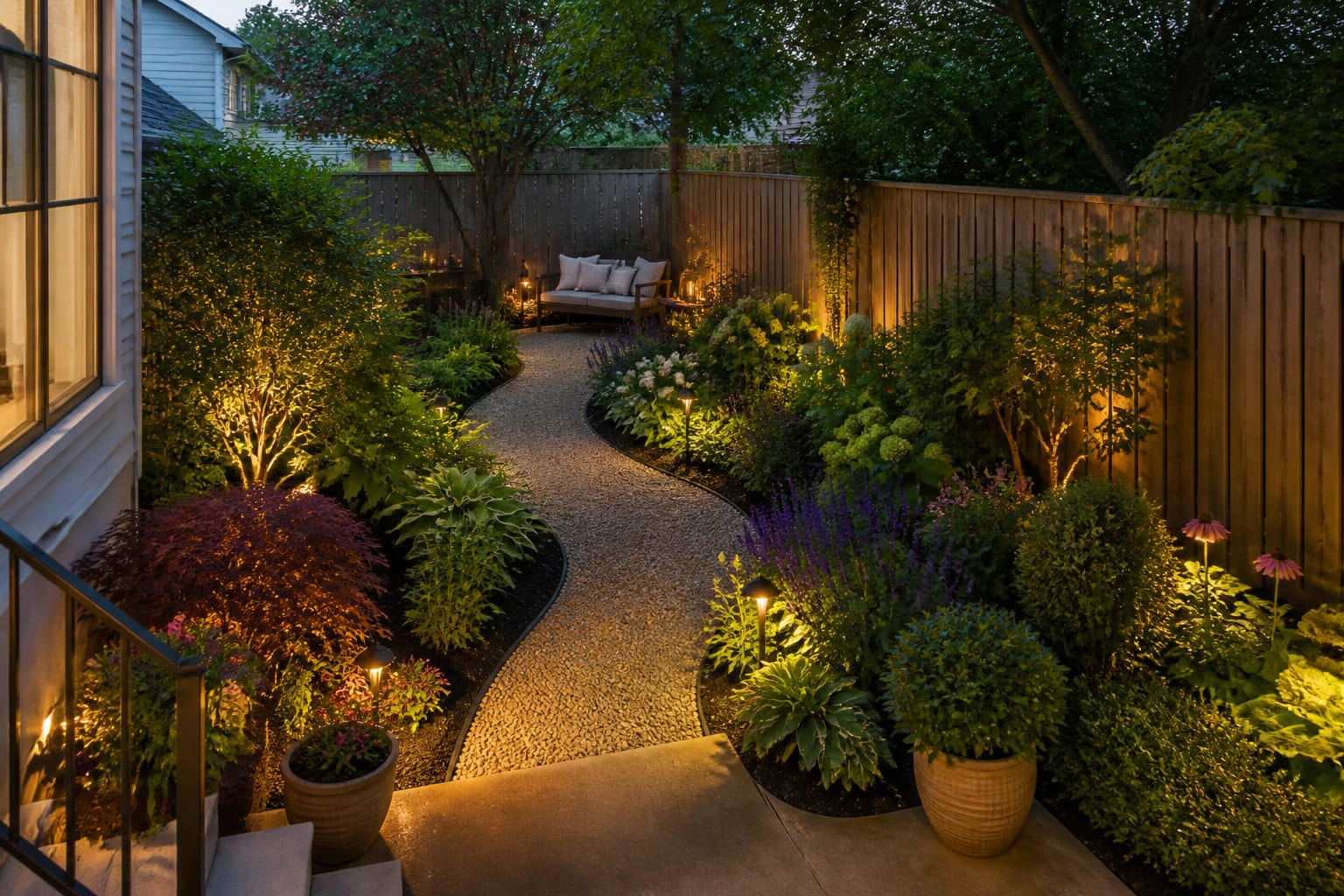 Same garden angle redesigned with a gravel path, curved edged beds, layered shrubs, flowering perennials, and a small shaded seating area.