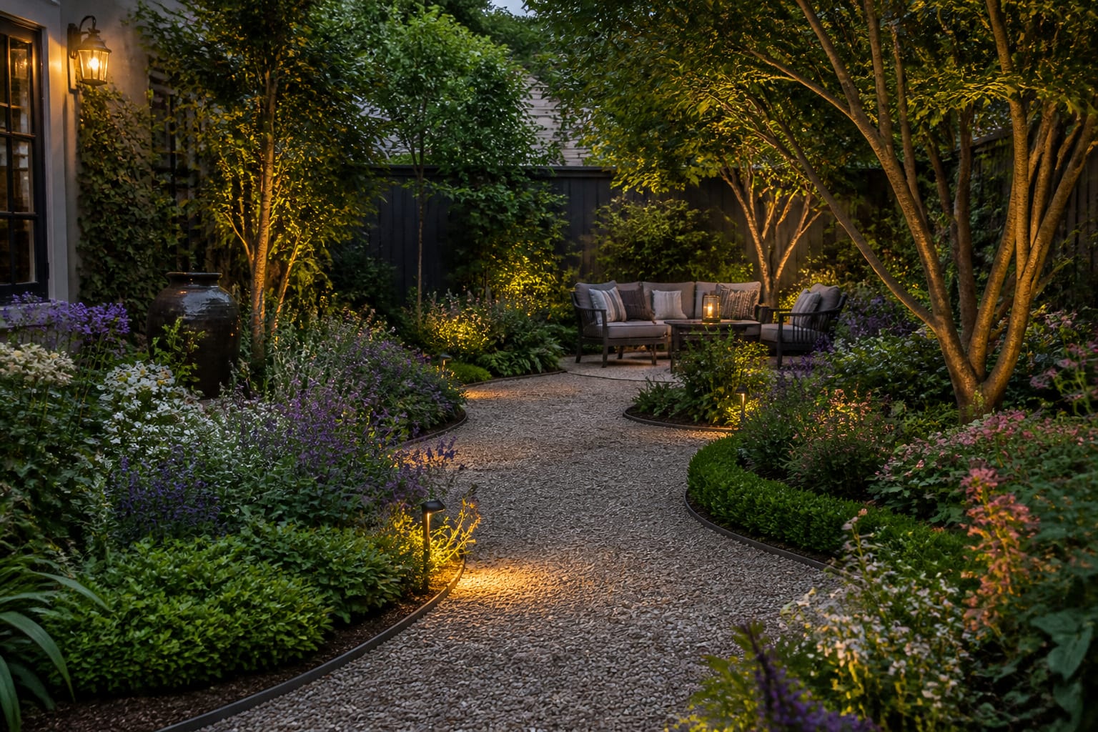 Layered perennial garden with gravel path, defined bed edges, shade seating, and warm exterior lighting
