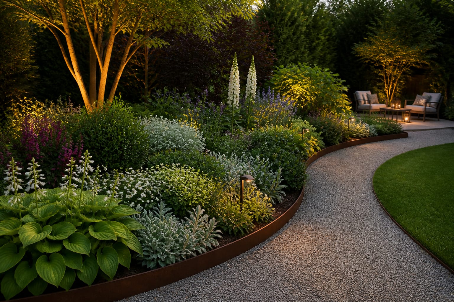 Curved garden bed with steel edging, layered shrubs, perennials, and a gravel walking path beside a small lawn