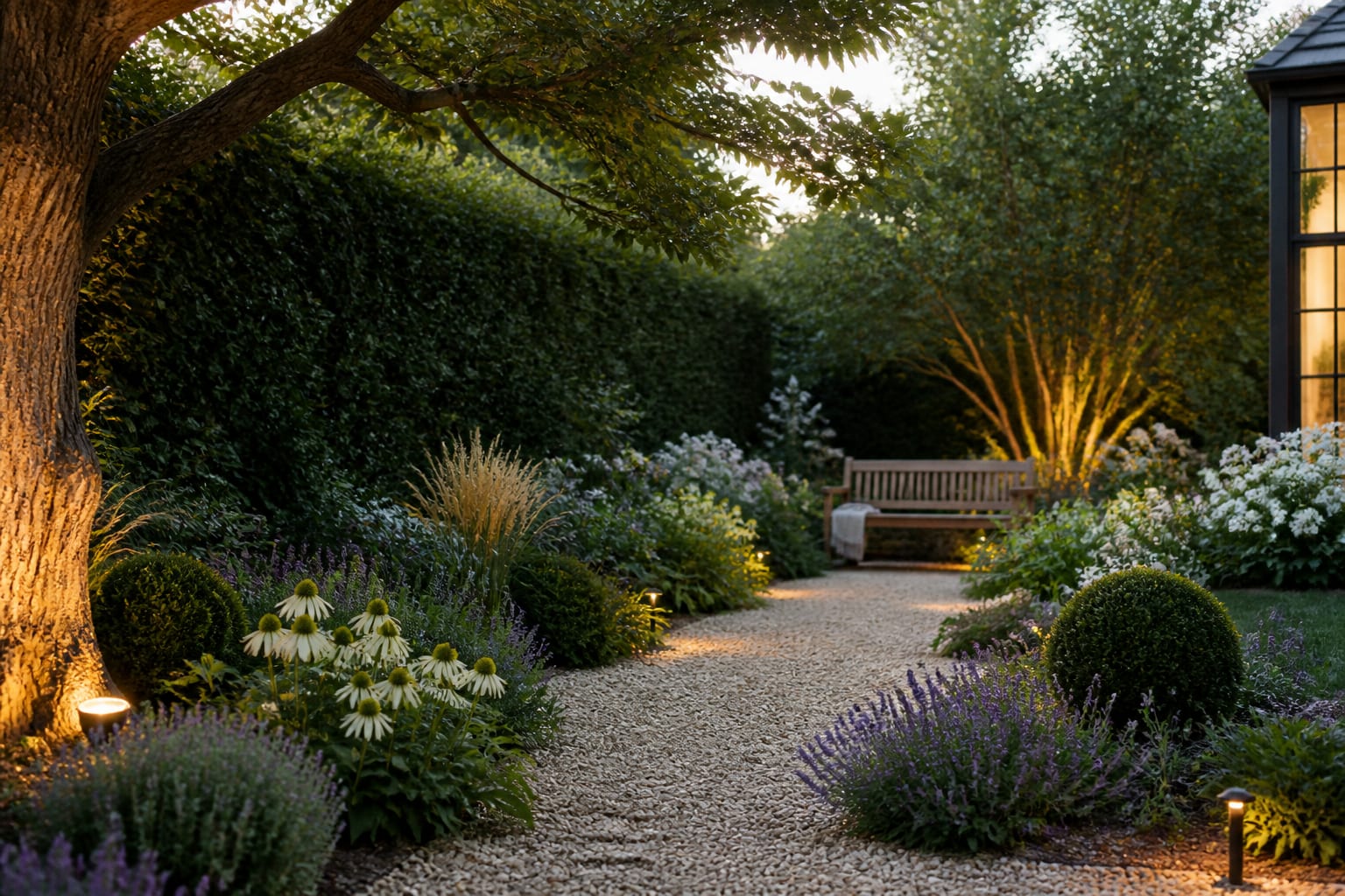 AI garden preview showing a low-maintenance border with gravel path, evergreen shrubs, pollinator perennials, and a shaded bench
