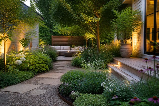 Layered perennial garden with gravel path, defined bed edges, shade seating, and warm exterior lighting