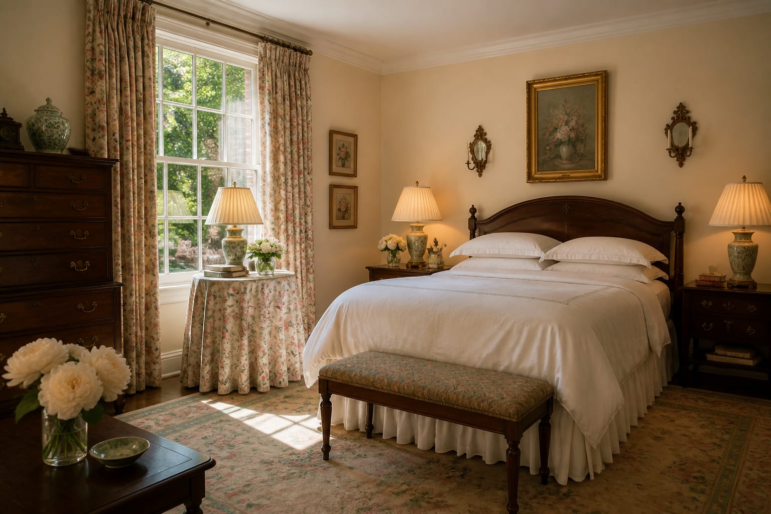 grandmillennial bedroom with chintz curtains, skirted table, pleated lampshades, antique wood, and crisp white bedding