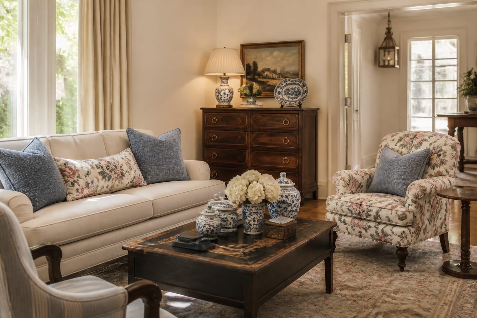 grandmillennial living room with one floral fabric, blue ceramics, pleated lamps, antique chest, and clean modern sofa