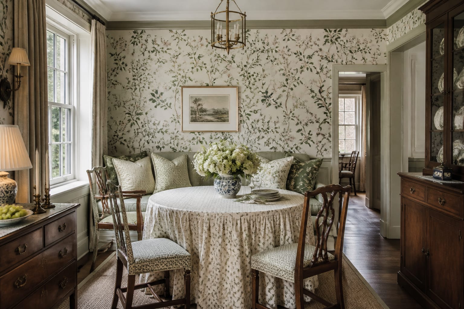 grandmillennial dining nook with skirted table, botanical wallpaper, antique chairs, warm lamp light, and restrained pattern mixing