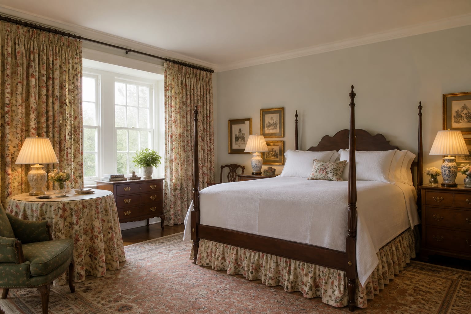 grandmillennial bedroom with chintz curtains, skirted table, pleated lampshades, antique wood, and crisp white bedding