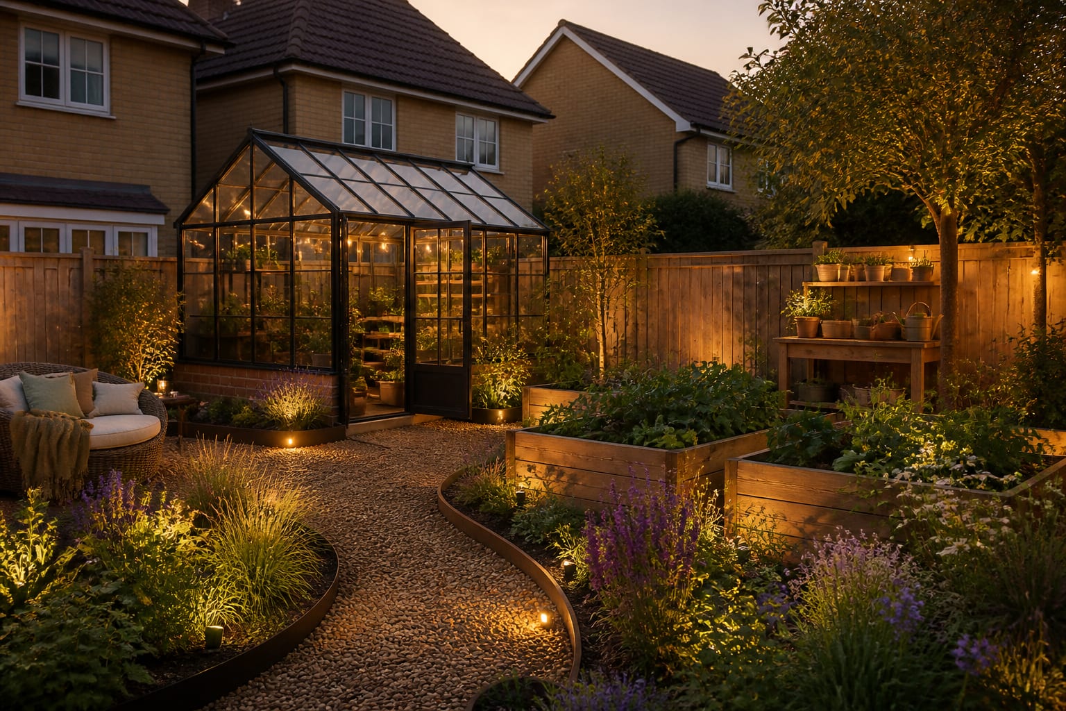 greenhouse garden room concept with black metal glasshouse, gravel path, raised beds, staging shelves, and layered planting