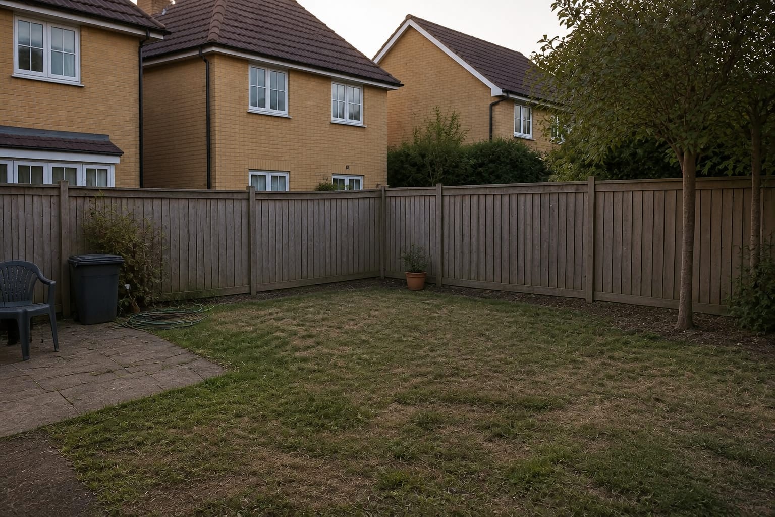 under designed garden corner with patchy lawn, plain fence, no path, and no clear place for a greenhouse or seating