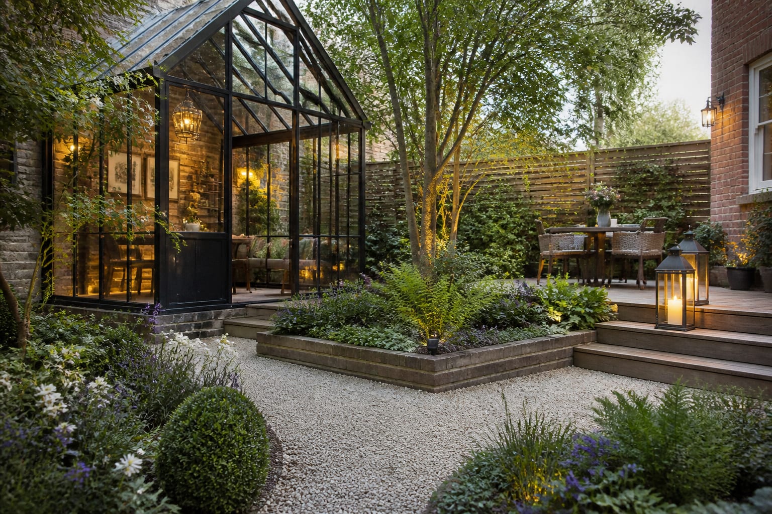 glass garden room with gravel path, raised beds, timber staging, and warm lantern light beside a brick house