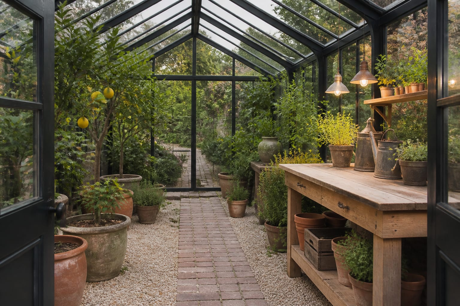 greenhouse garden room with gravel floor, cedar potting bench, citrus pots, herbs, and a narrow brick path