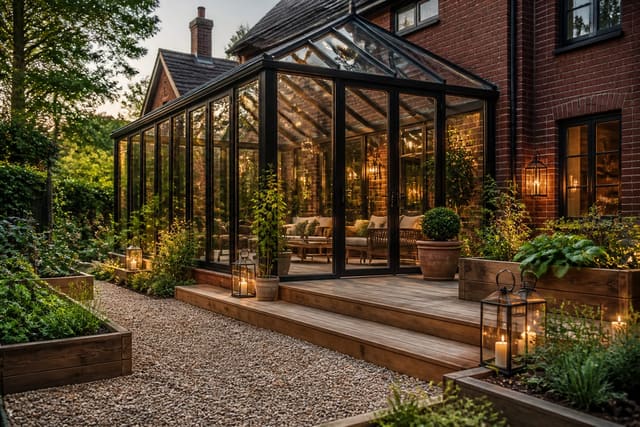 glass garden room with gravel path, raised beds, timber staging, and warm lantern light beside a brick house