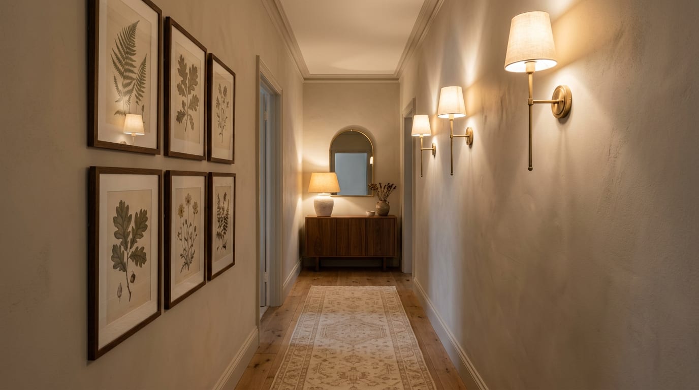 An AI hallway redesign preview showing three brass sconces, a long wool runner, a four-piece gallery of botanical prints, and a walnut console with arched mirror at the end of the corridor generated from a real hallway photo