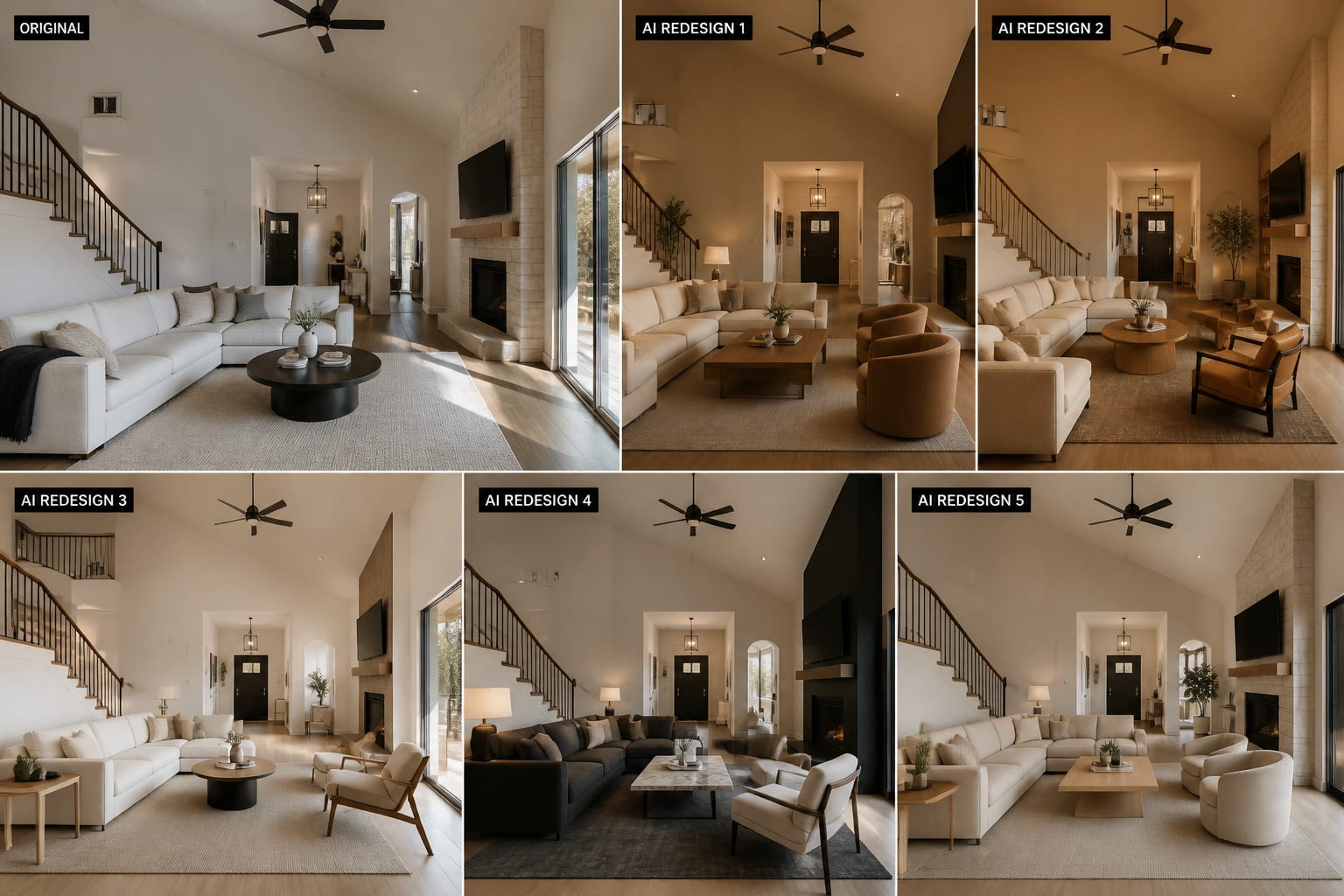 living room photo shown beside several AI redesign previews with different palettes, furniture layouts, and lighting moods