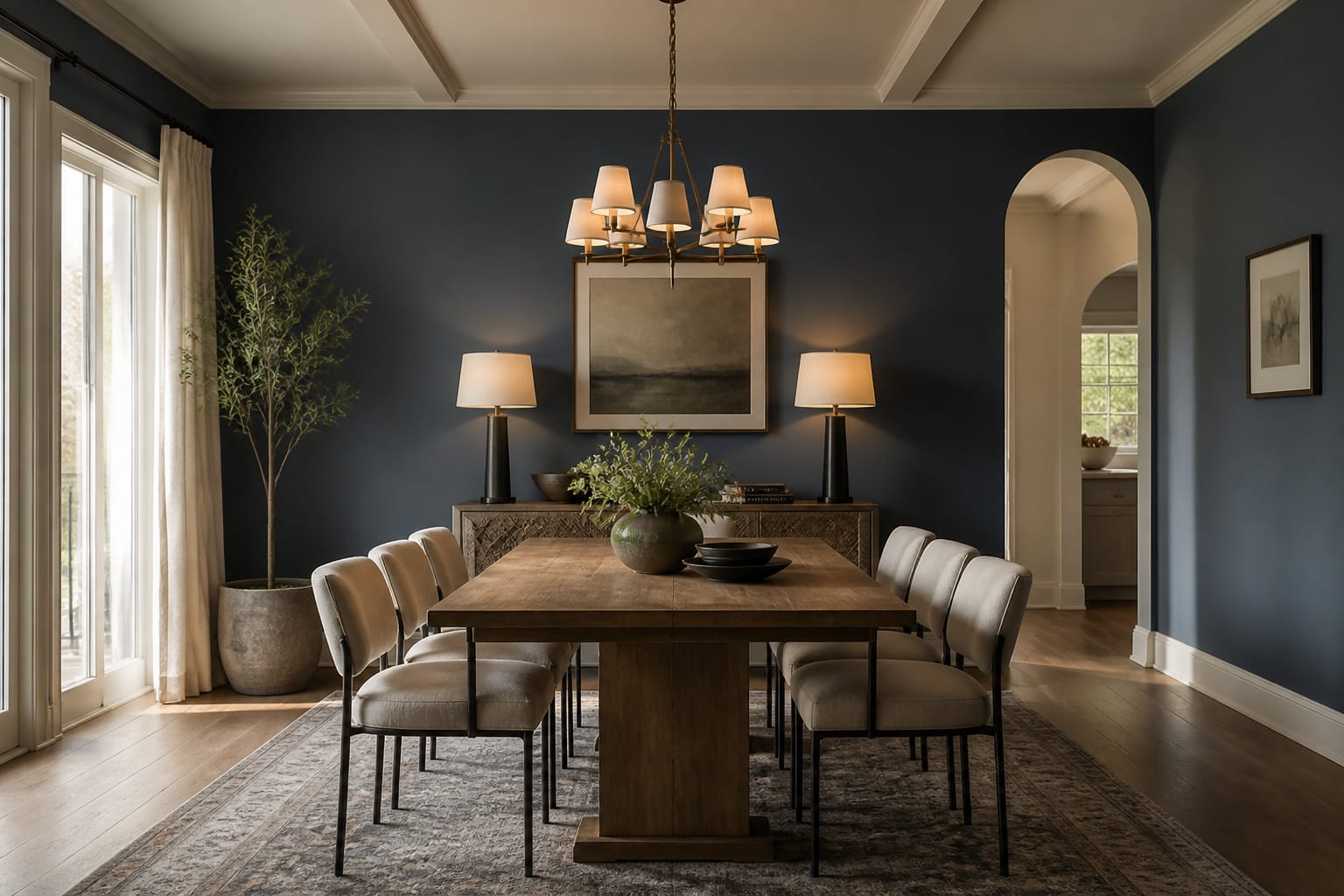 neutral dining room shown with AI-generated palette variations in olive, warm white, and deep blue-gray