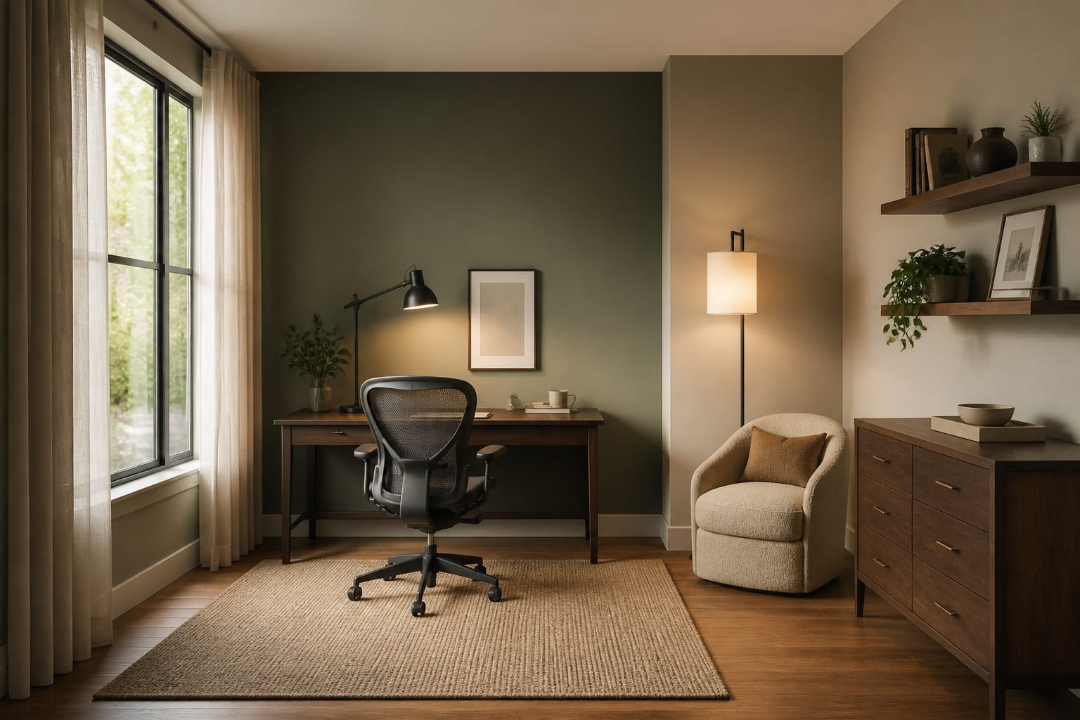 home office corner with AI previews that test desk placement, rug size, wall color, and task lighting