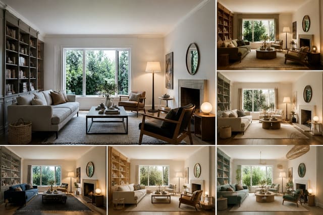 living room photo shown beside several AI redesign previews with different palettes, furniture layouts, and lighting moods