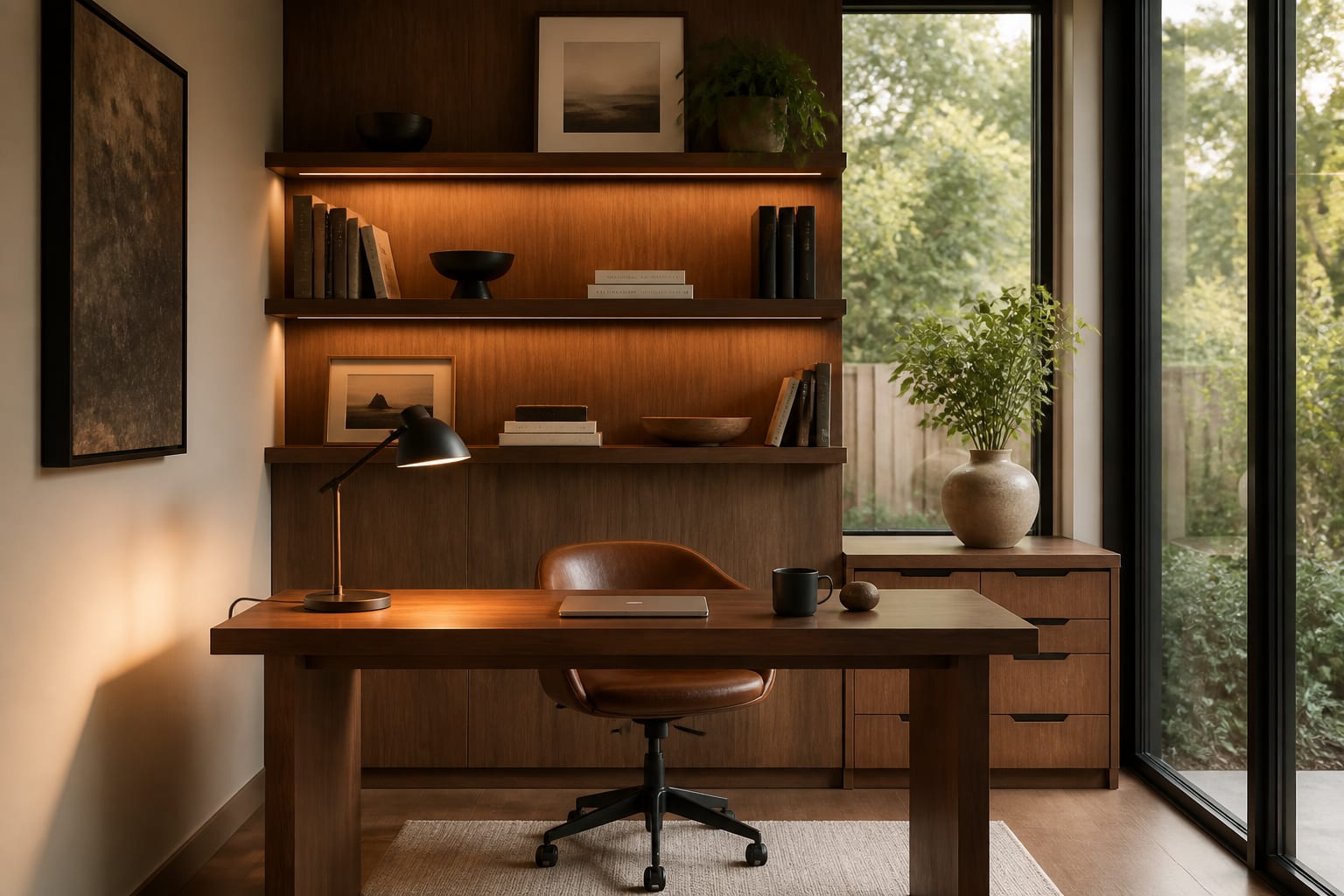 compact home office with a walnut desk, warm task lamp, concealed cords, and shelves arranged for a calm video-call background