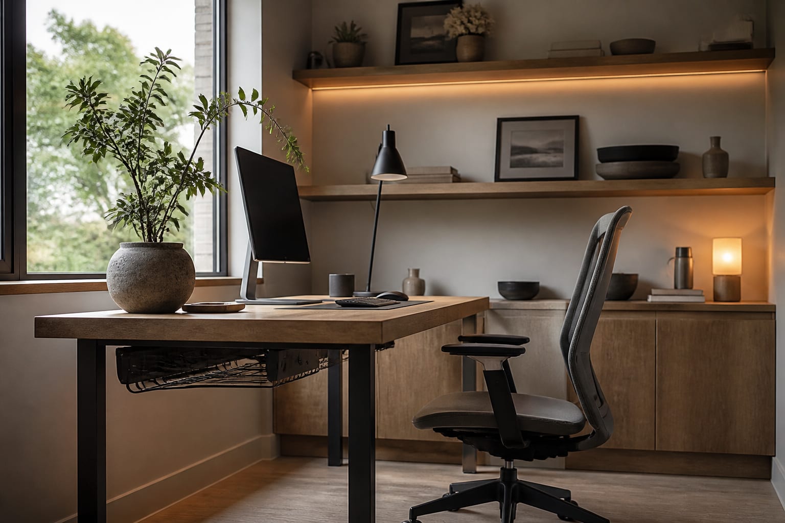 home office desk placed perpendicular to a window with side daylight, a cable tray, and a simple shelf wall behind the chair