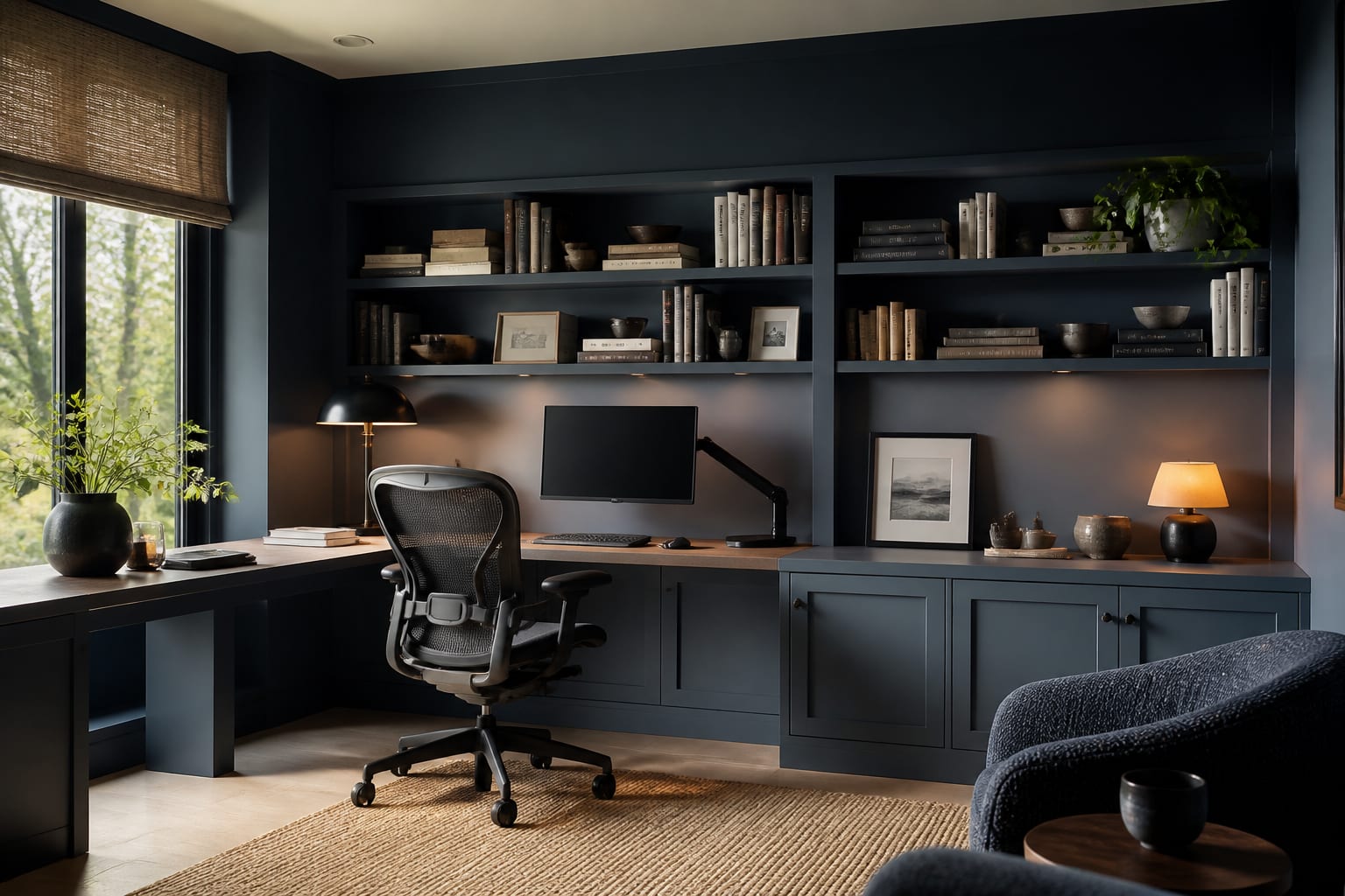 moody blue home office with closed lower cabinets, open upper shelves, a monitor arm, and warm-neutral task lighting