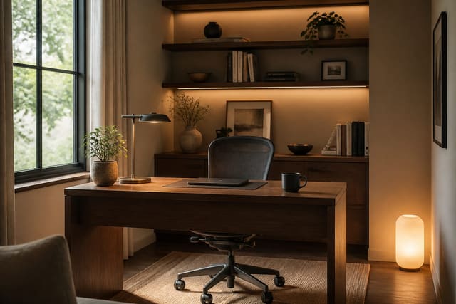 compact home office with a walnut desk, warm task lamp, concealed cords, and shelves arranged for a calm video-call background