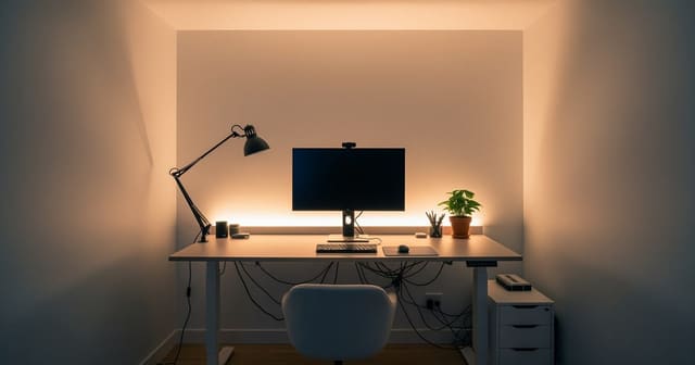 An AI home office redesign preview showing a walnut desk perpendicular to a window, a styled bookcase as the video-call backdrop, and a focused desk lamp
