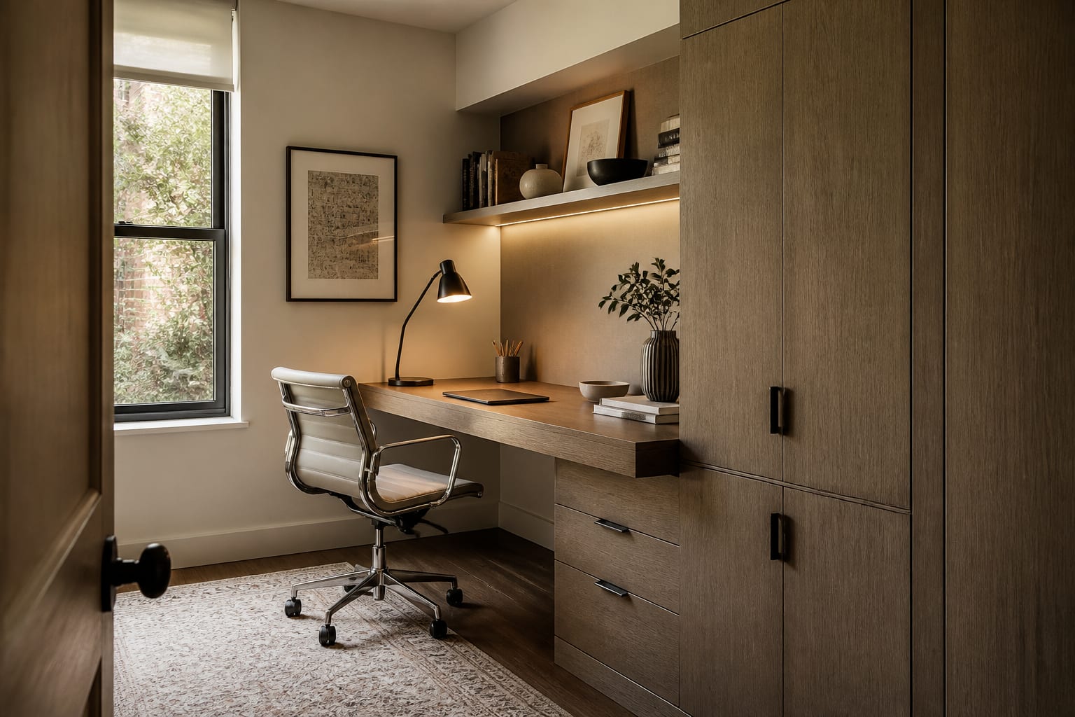 compact home office with desk facing sideways to a window, warm task lighting, closed storage, and a calm video-call background