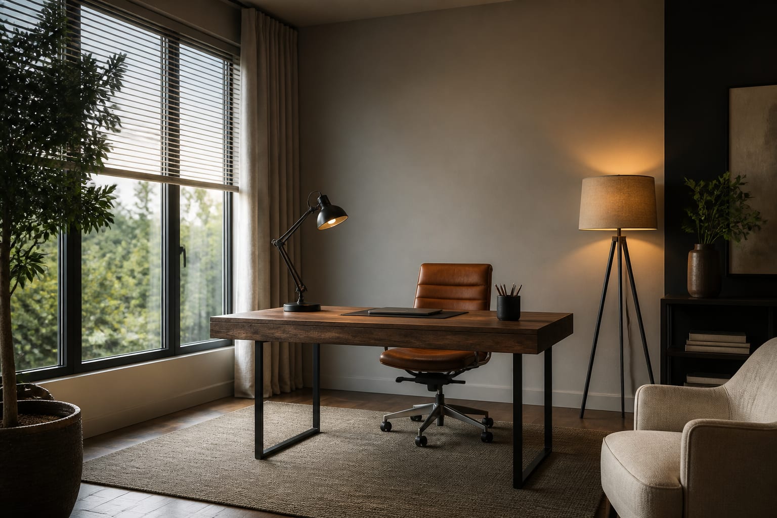 home office lighting plan with side daylight, adjustable blinds, desk lamp, floor lamp, and a neutral video-call wall