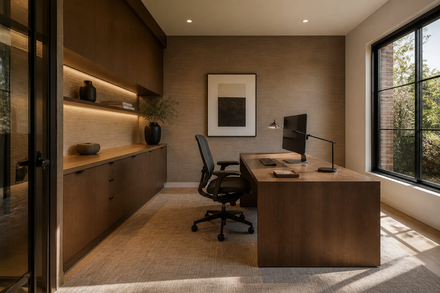 organized home office with low-pile rug, closed cabinets, ergonomic chair clearance, and uncluttered desk surface