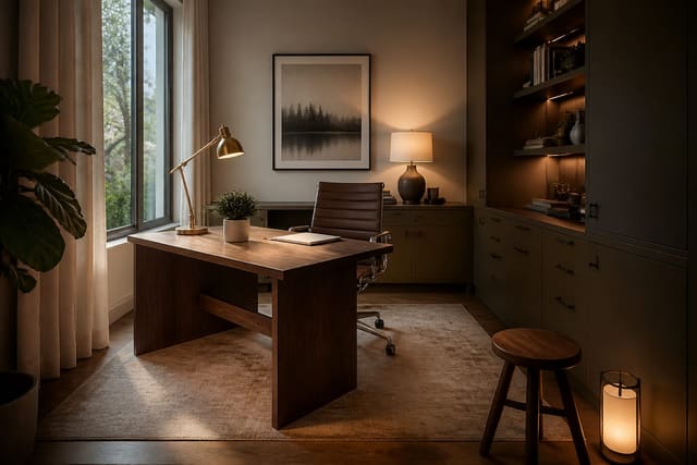 compact home office with desk facing sideways to a window, warm task lighting, closed storage, and a calm video-call background