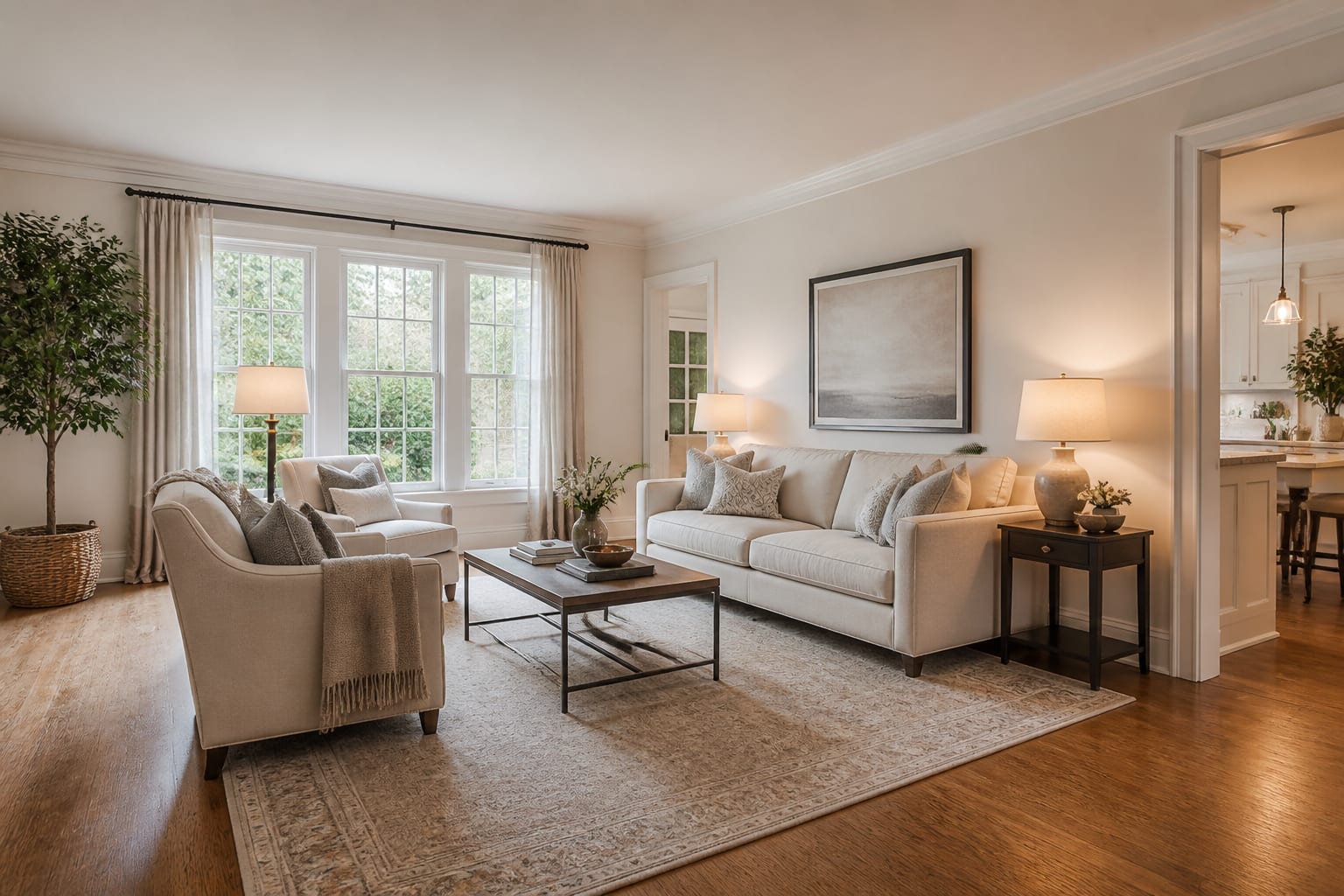 light filled living room staged for resale with neutral sofa, scaled rug, warm lamps, simple art, and clear walking paths