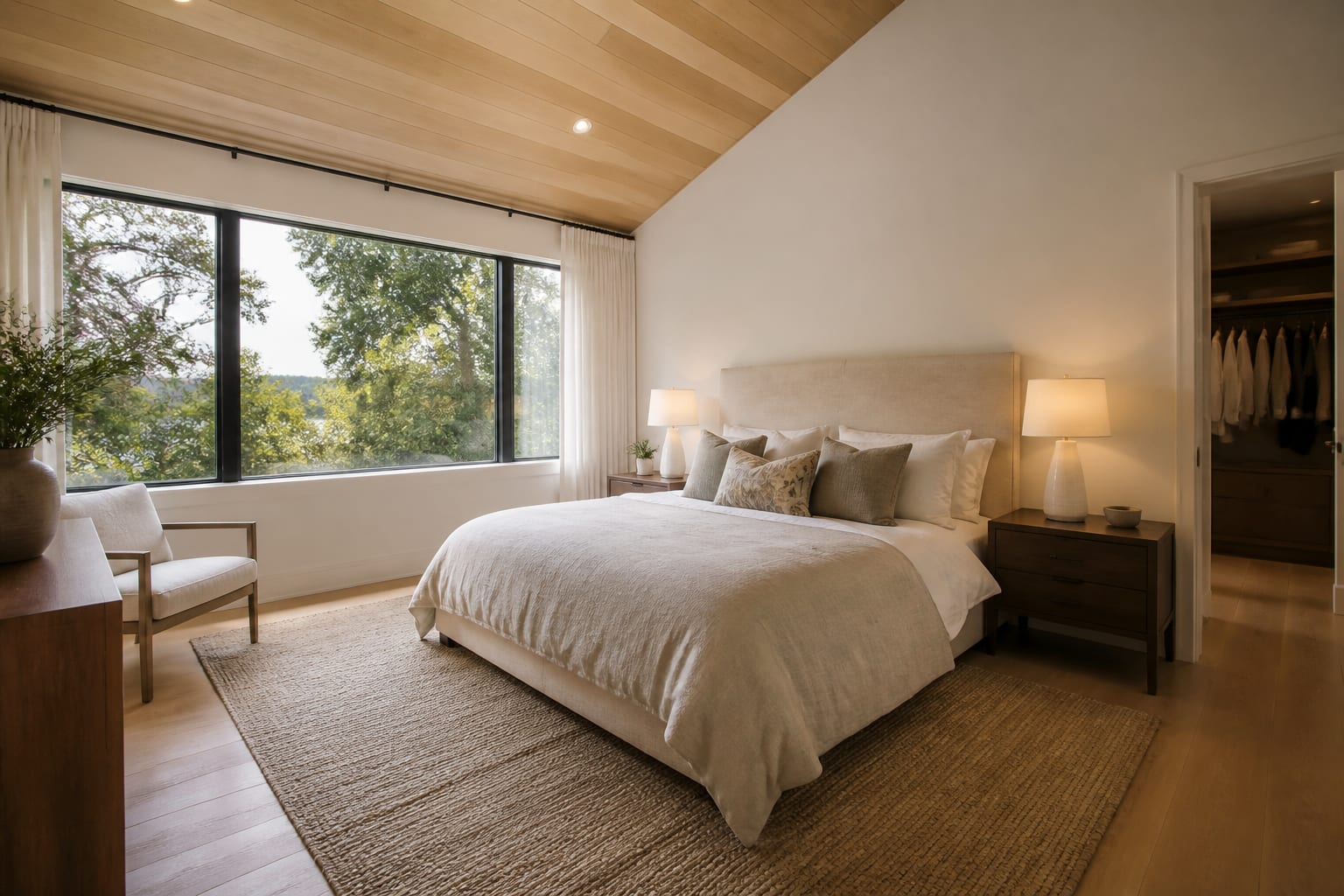primary bedroom staged for selling with neutral bedding, matching nightstands, warm lamps, and uncluttered closet path