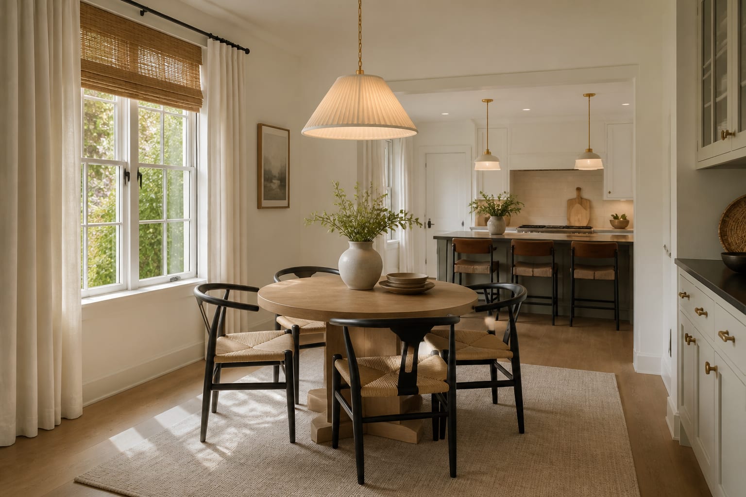 dining nook staged for listing photos with round table, scaled chairs, warm pendant light, and clear path from kitchen