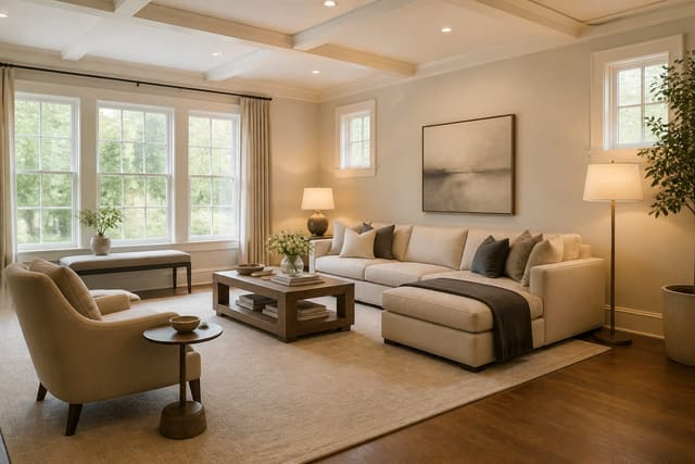 light filled living room staged for resale with neutral sofa, scaled rug, warm lamps, simple art, and clear walking paths