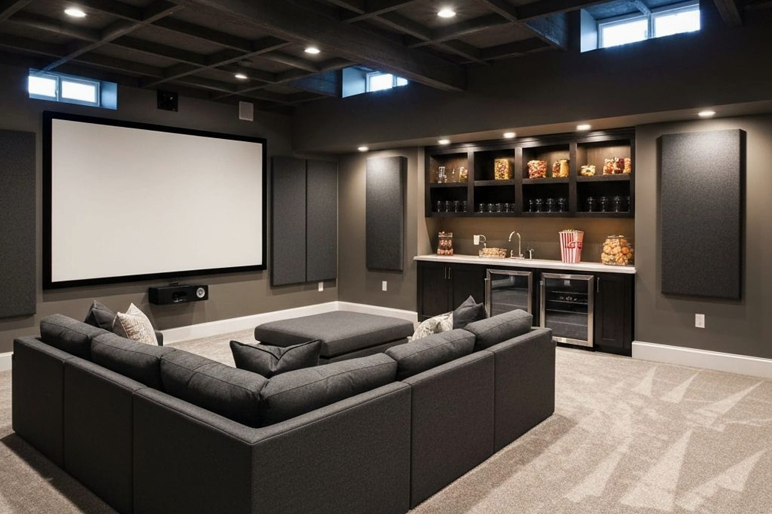 moody basement home theater concept with wall screen, low sectional seating, acoustic panels, and warm sconce lighting