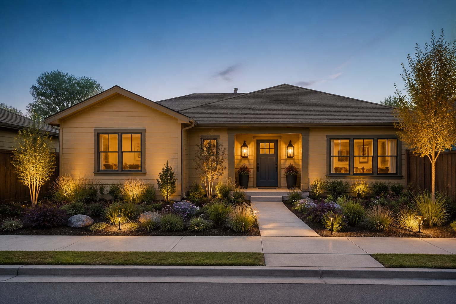 same house exterior redesigned with warm siding color, charcoal trim, confident front door color, larger lanterns, and layered planting along the walk.